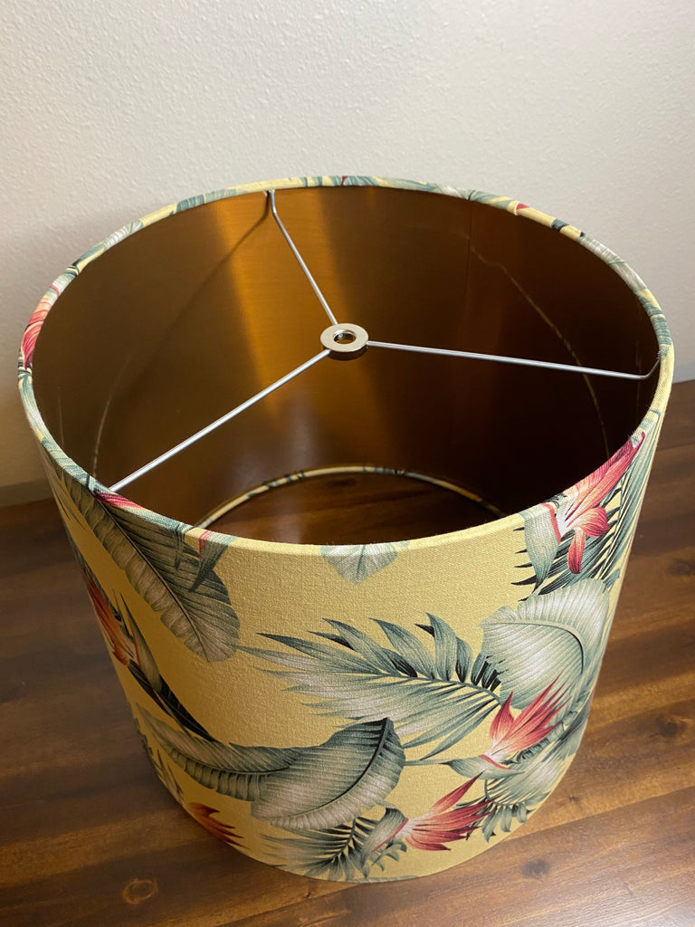 Tropical Yellow & Pink Palm Trees Leaves Handmade Lampshade Gold Silver Copper Lining Drum Empire Coolie